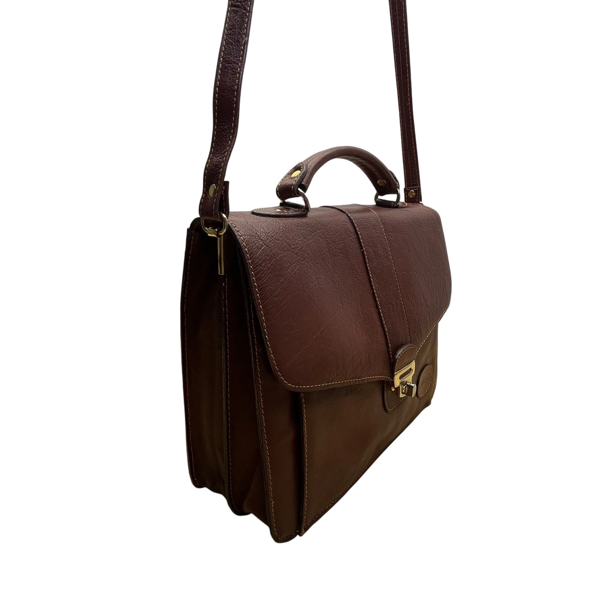 Milleni Women’s Brown Leather Lock Closure Adjustable Strap Crossbody Satchel