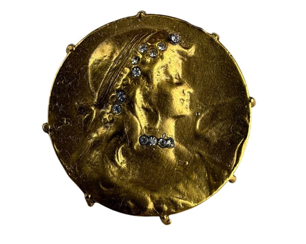 French Art Nouveau Gold Tone Brooch Rhinestone Accents Woman Profile Pin