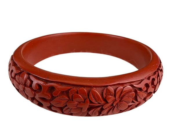 Vintage Red Floral Carved Resin Bangle Bracelet Intricate Design