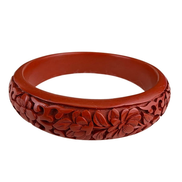 Vintage Red Floral Carved Resin Bangle Bracelet Intricate Design