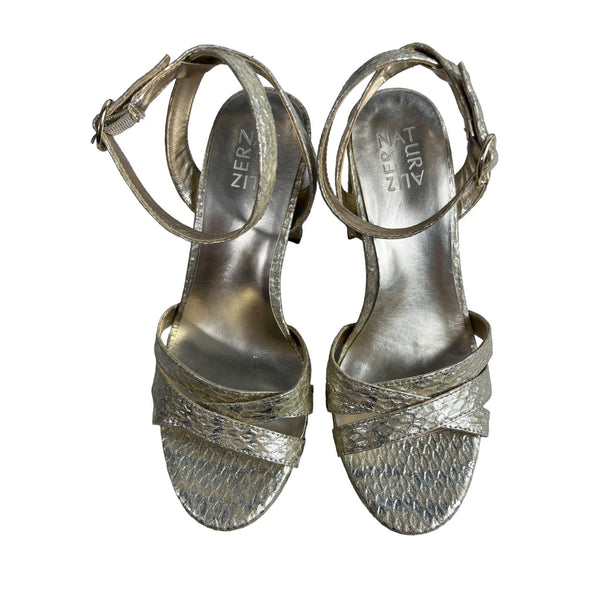Naturalizer Gold Snake Skin Mallory Ankle Strap Platform Heel Sz 8W - New