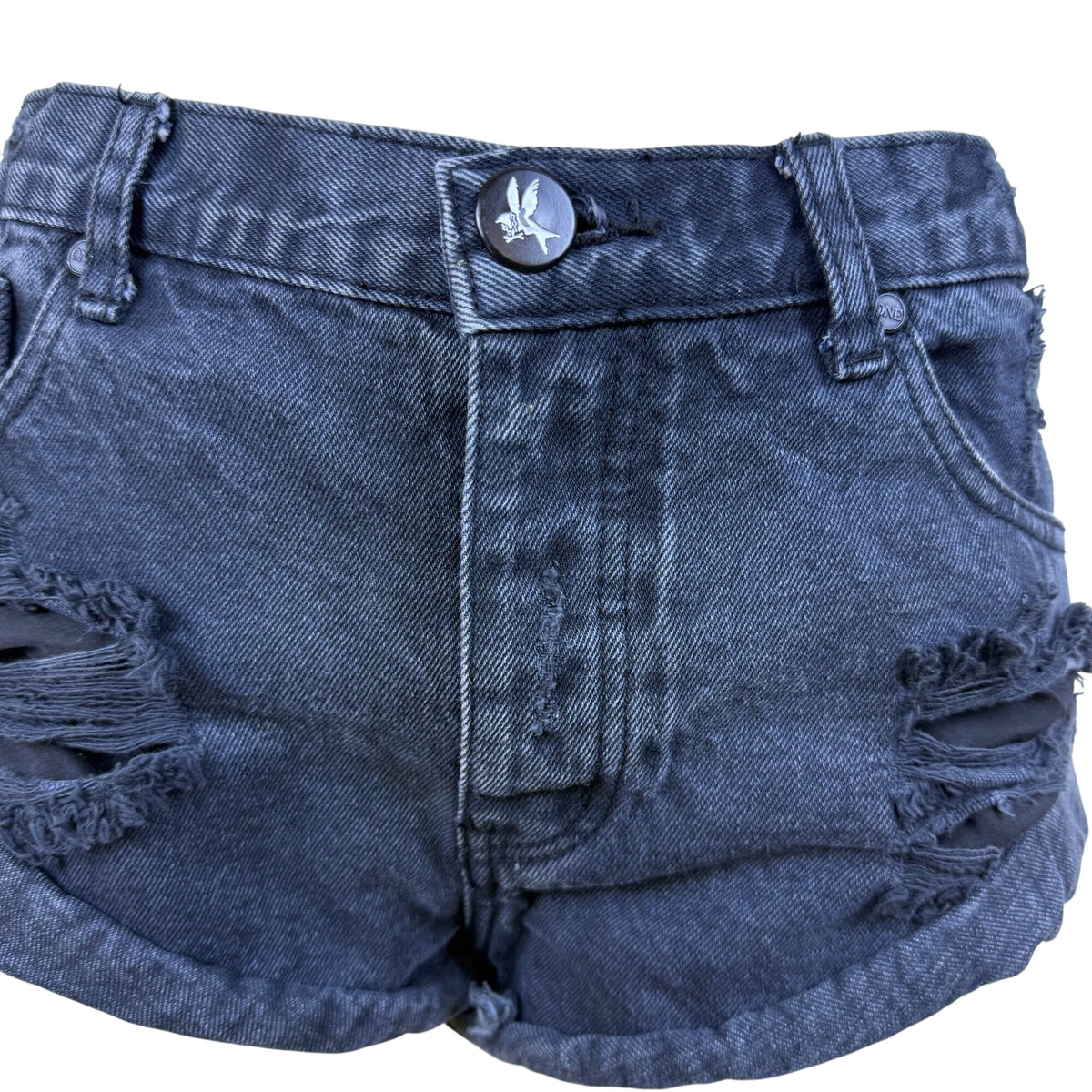 One Women's Black Distressed High-Rise Jean Shorts Relaxed Bandits Fit Size 28