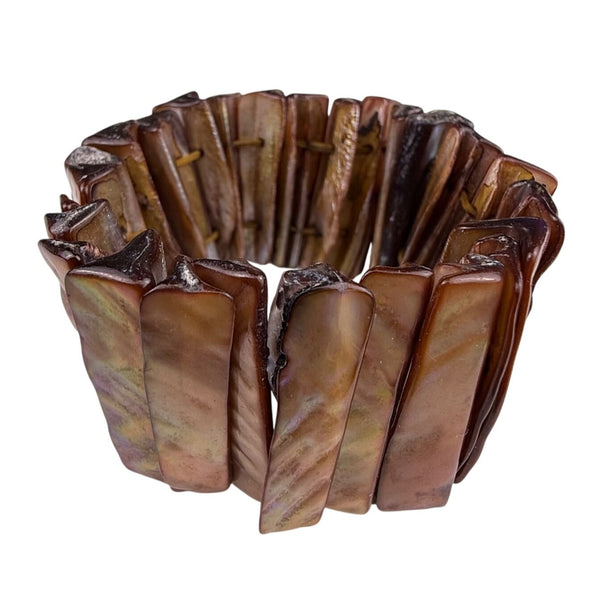 Mother-Of-Pearl Elastic Brown Wide Bracelet Striated Finish Stretchable Jewelry