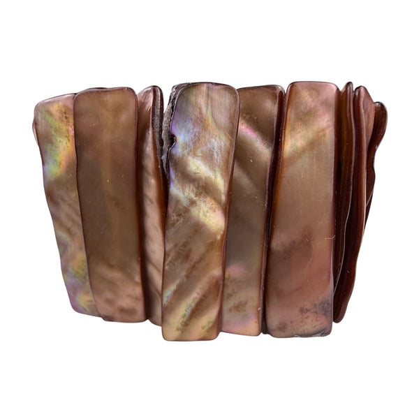 Mother-Of-Pearl Elastic Brown Wide Bracelet Striated Finish Stretchable Jewelry