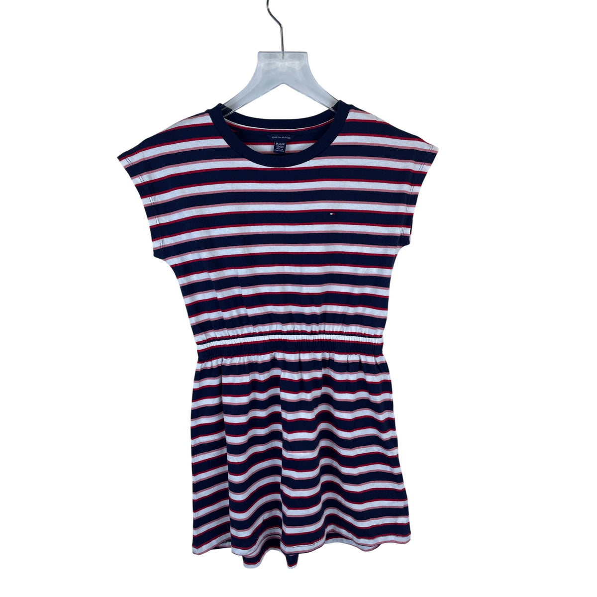 Tommy Hilfiger Girls Navy Striped Cotton Casual Elastic Waist Dress Size Medium (8/10)
