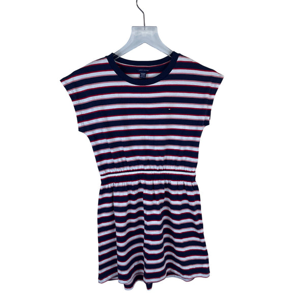 Tommy Hilfiger Girls Navy Striped Cotton Casual Elastic Waist Dress Size Medium (8/10)