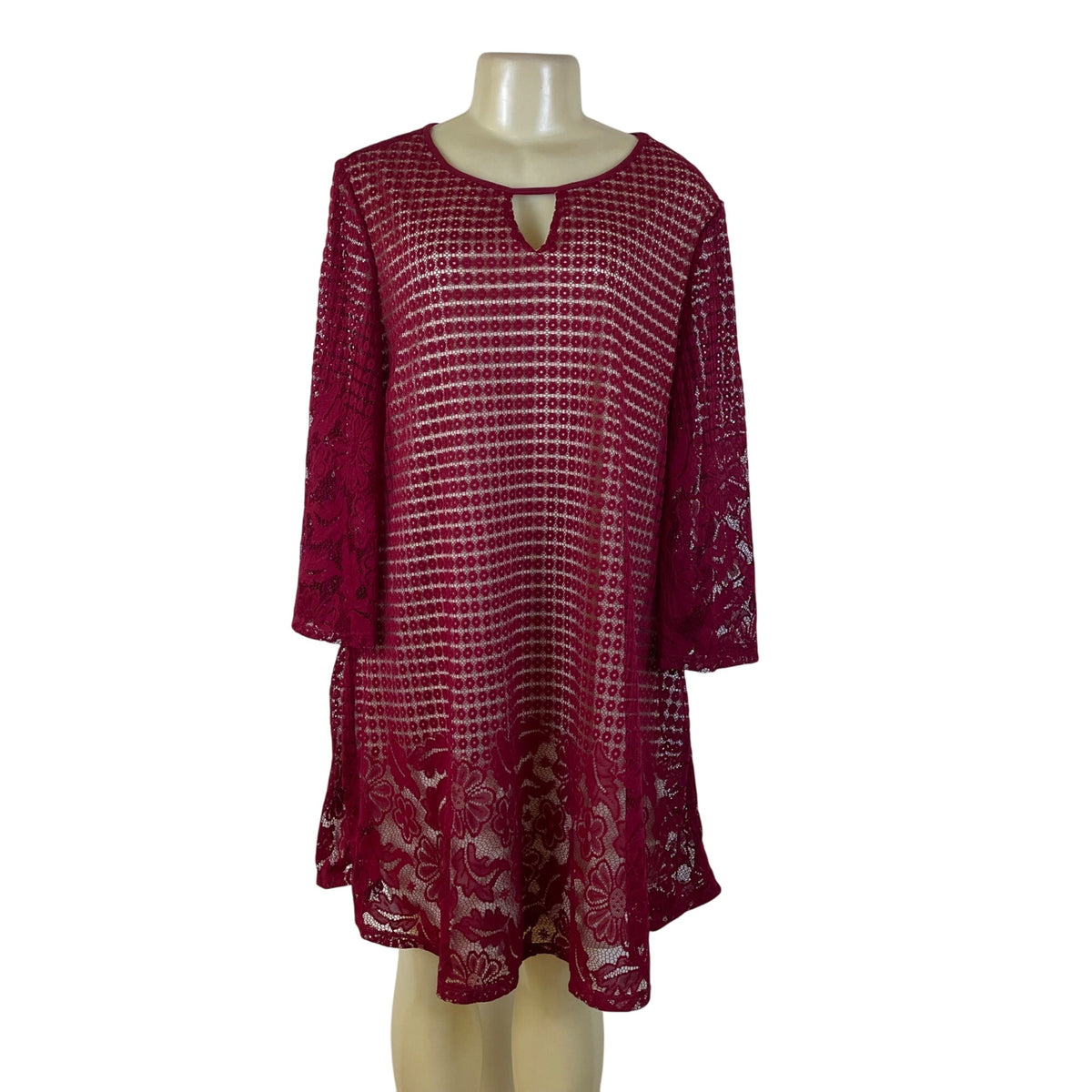 Perception Women Burgundy Lace Keyhole Tunic Dress Floral Pattern 3/4 Sleeve 1X