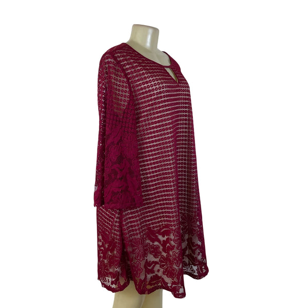 Perception Women Burgundy Lace Keyhole Tunic Dress Floral Pattern 3/4 Sleeve 1X
