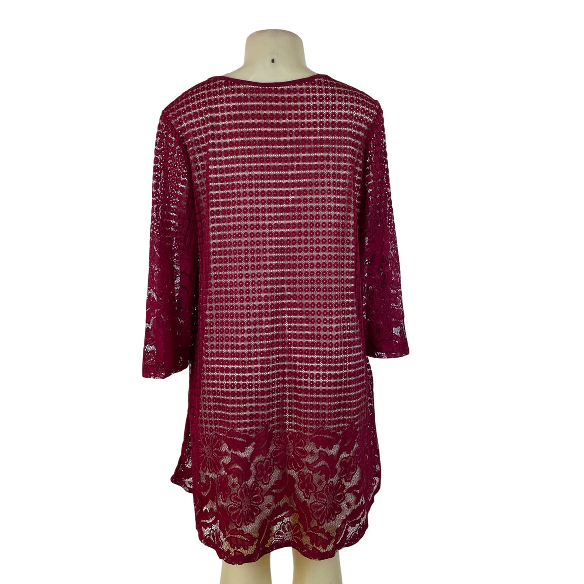 Perception Women Burgundy Lace Keyhole Tunic Dress Floral Pattern 3/4 Sleeve 1X