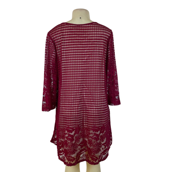 Perception Women Burgundy Lace Keyhole Tunic Dress Floral Pattern 3/4 Sleeve 1X