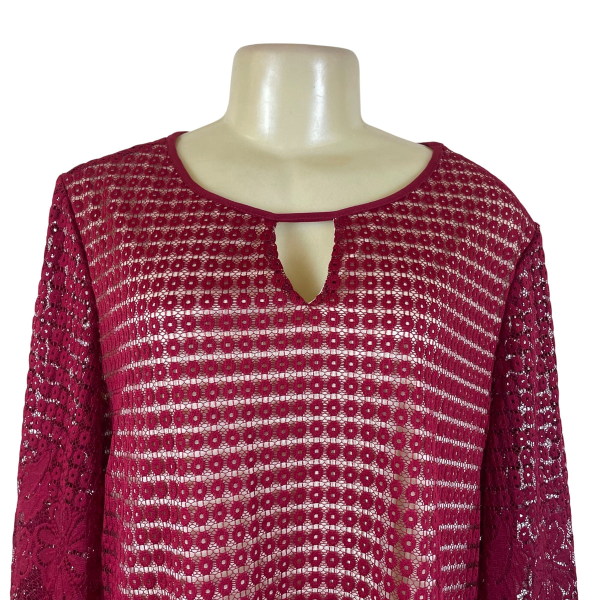 Perception Women Burgundy Lace Keyhole Tunic Dress Floral Pattern 3/4 Sleeve 1X