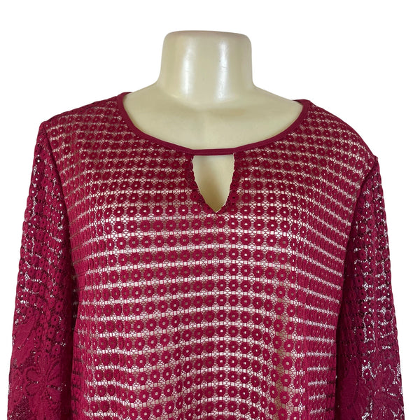 Perception Women Burgundy Lace Keyhole Tunic Dress Floral Pattern 3/4 Sleeve 1X