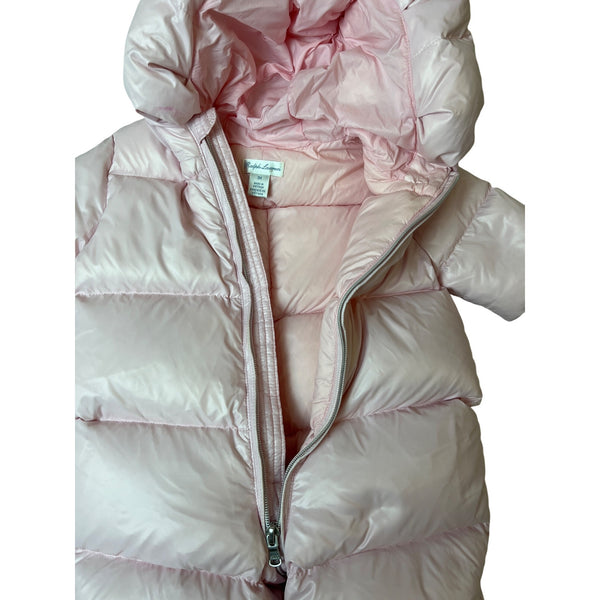 Ralph Lauren Baby Pink Puffer Snowsuit With Mittens & Booties Size 3M