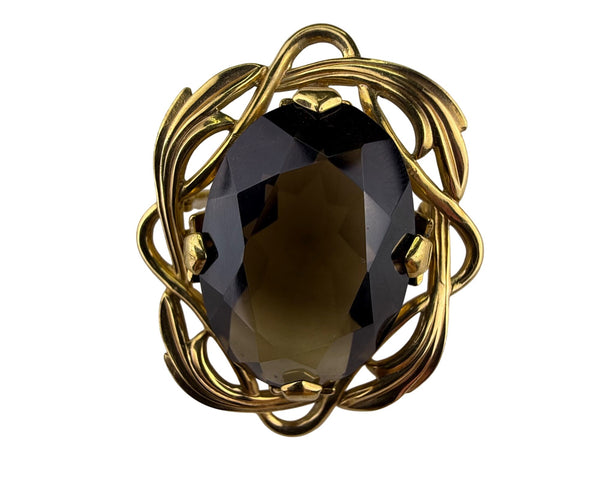 Winard 12K Gold Filled Brooch Smoky Quartz Oval Stone Elegant Filigree Design