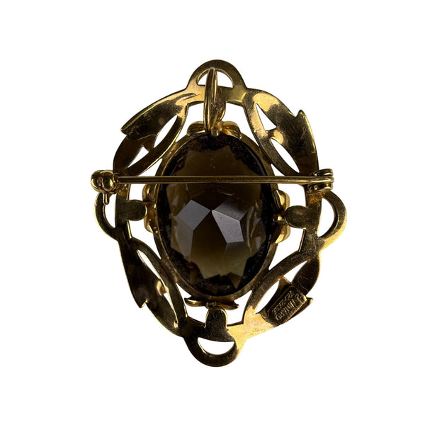 Winard 12K Gold Filled Brooch Smoky Quartz Oval Stone Elegant Filigree Design