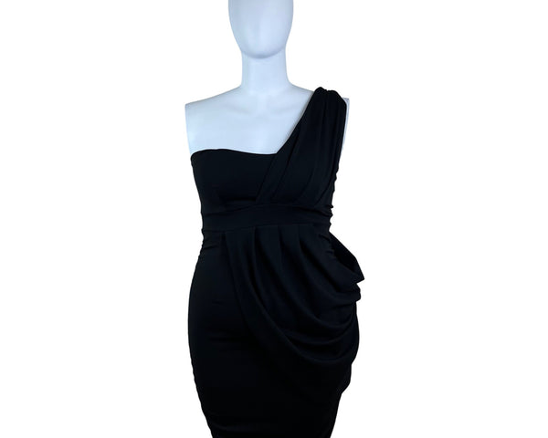 Fashion to Figure One Shoulder Black Dress Womens Draped Knee-Length Size 1X