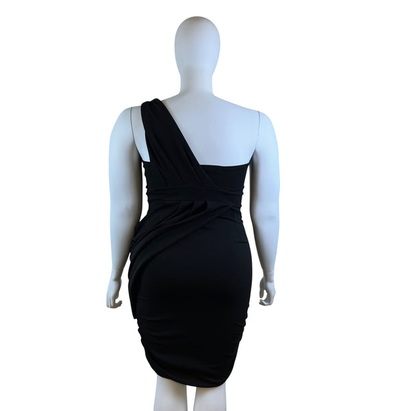 Fashion to Figure One Shoulder Black Dress Womens Draped Knee-Length Size 1X