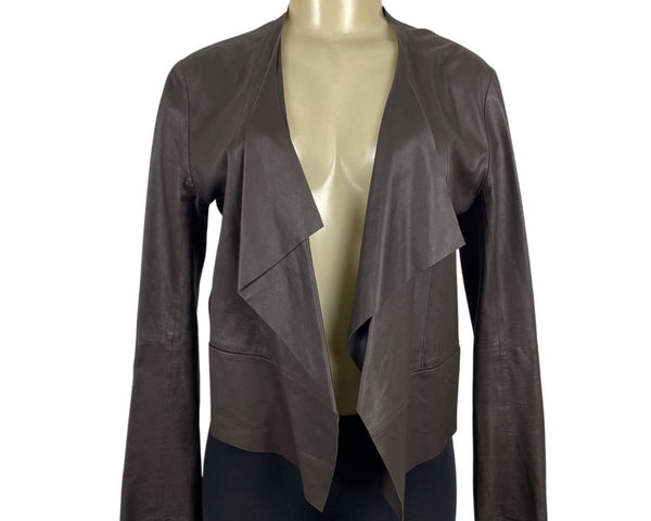 Rarutus Womens Brown Leather Open Front Jacket With Waterfall Collar Sz 42