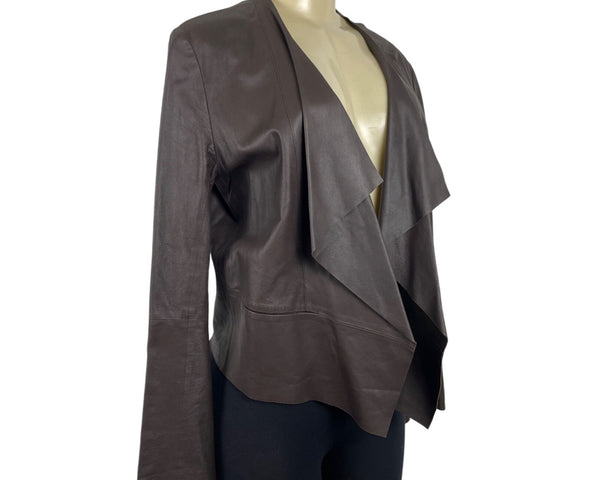 Rarutus Womens Brown Leather Open Front Jacket With Waterfall Collar Sz 42