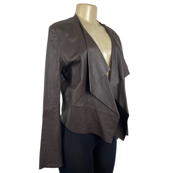 Rarutus Womens Brown Leather Open Front Jacket With Waterfall Collar Sz 42