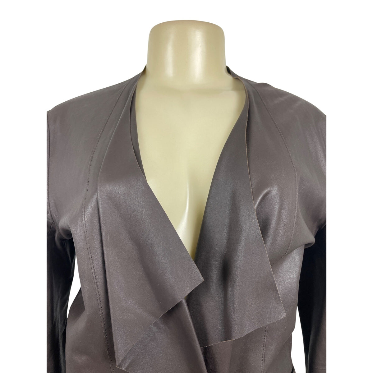 Rarutus Womens Brown Leather Open Front Jacket With Waterfall Collar Sz 42