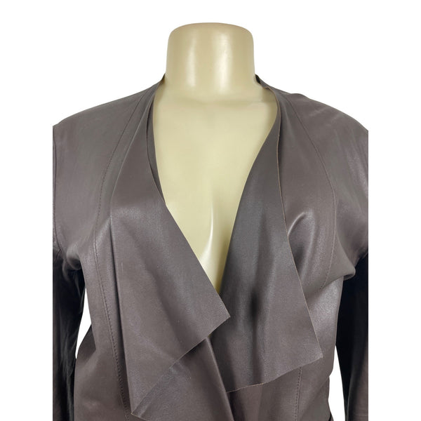 Rarutus Womens Brown Leather Open Front Jacket With Waterfall Collar Sz 42