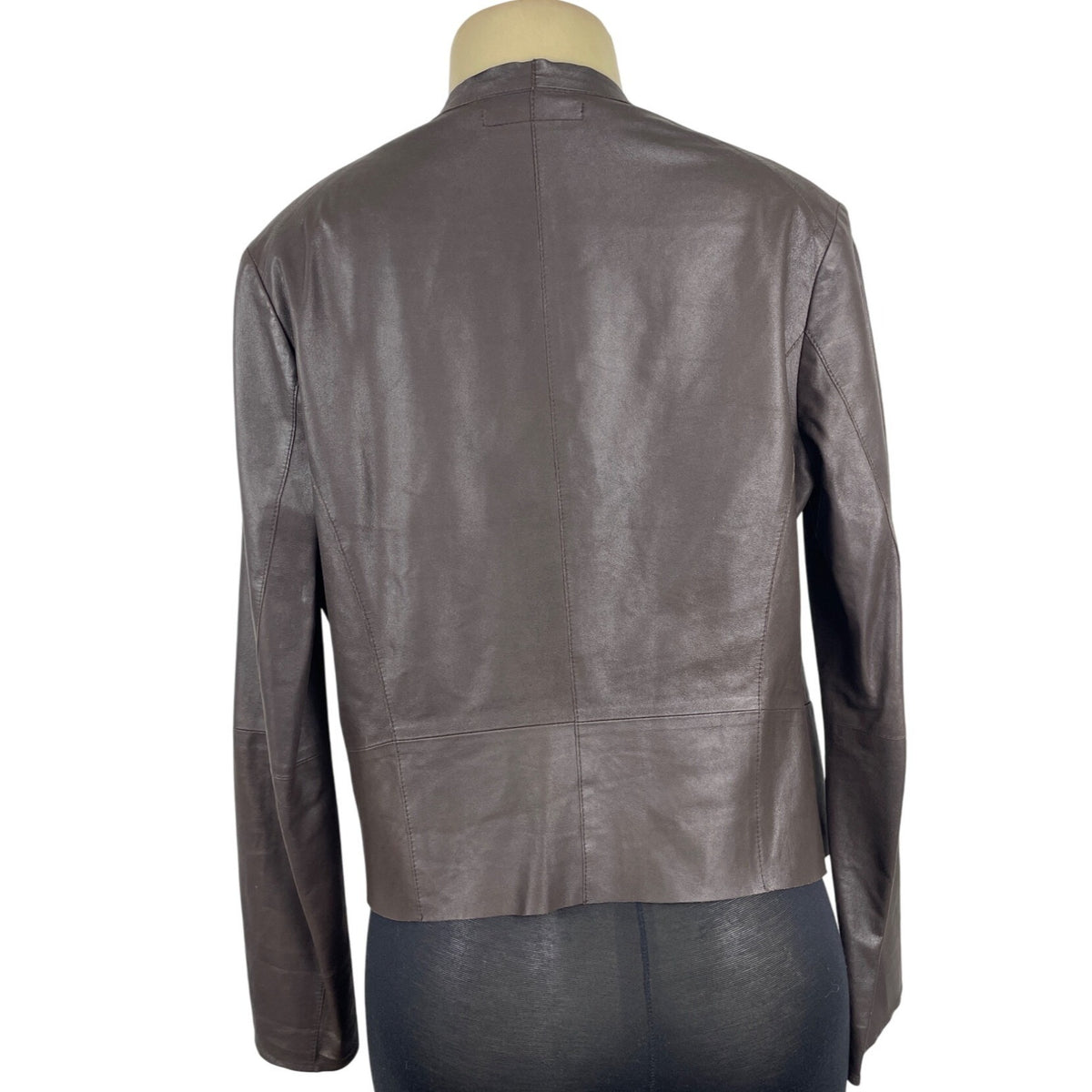 Rarutus Womens Brown Leather Open Front Jacket With Waterfall Collar Sz 42