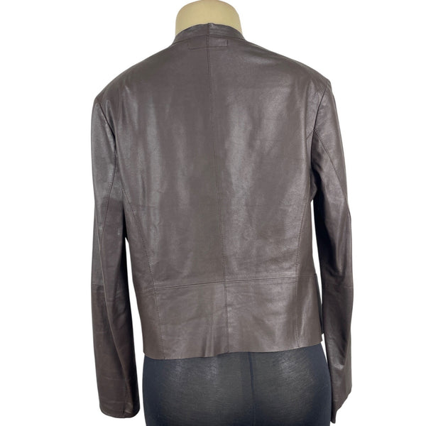 Rarutus Womens Brown Leather Open Front Jacket With Waterfall Collar Sz 42
