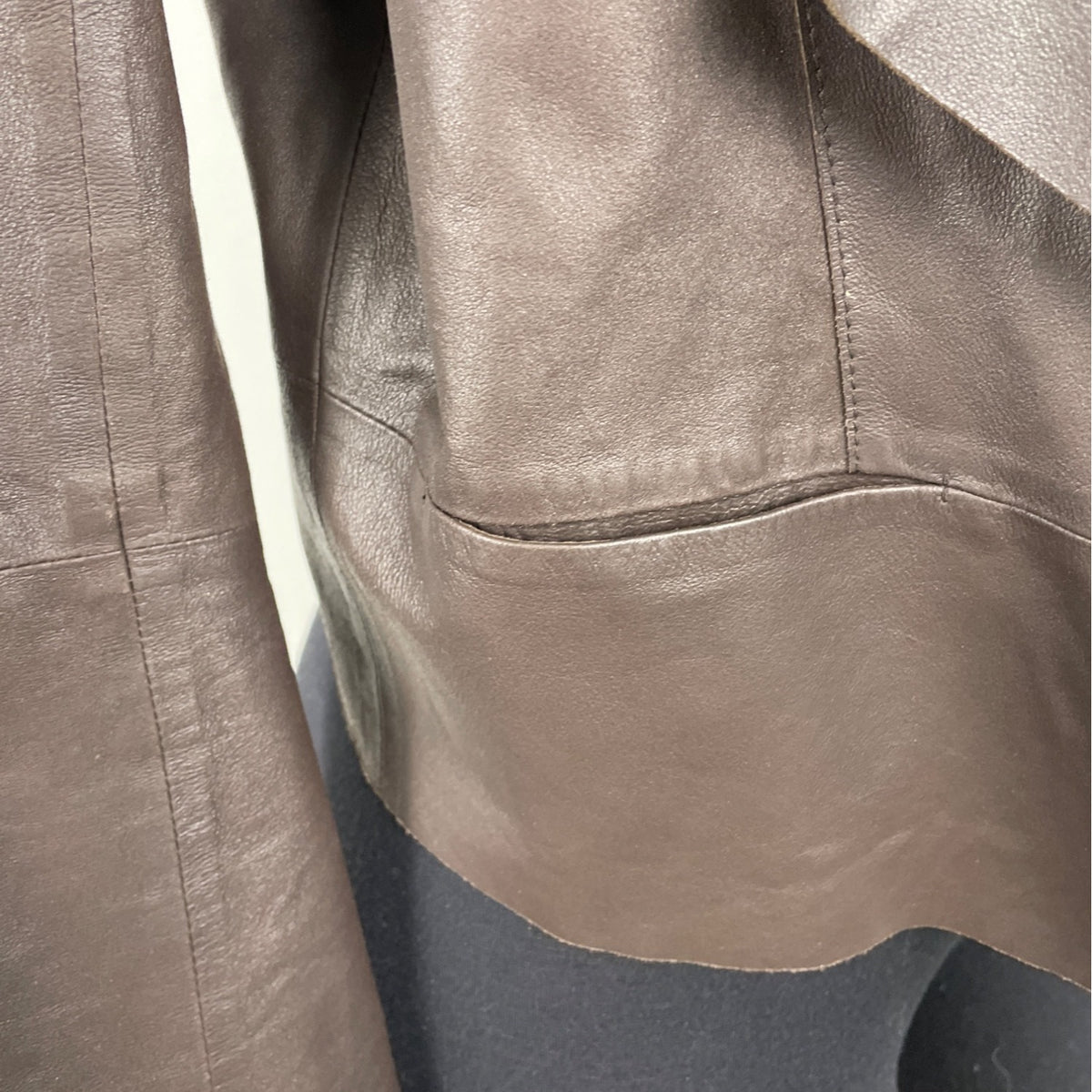 Rarutus Womens Brown Leather Open Front Jacket With Waterfall Collar Sz 42