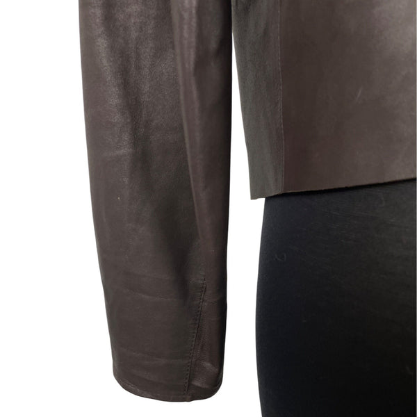 Rarutus Womens Brown Leather Open Front Jacket With Waterfall Collar Sz 42