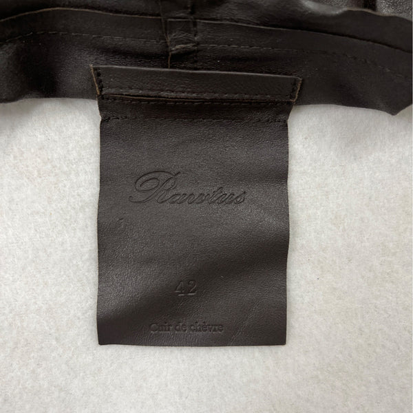 Rarutus Womens Brown Leather Open Front Jacket With Waterfall Collar Sz 42