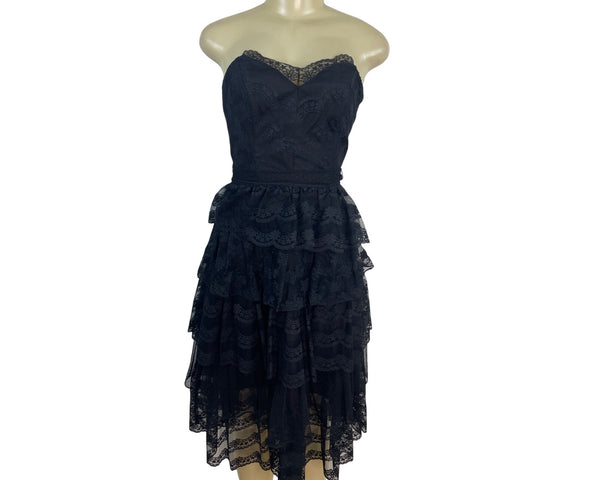 Vintage TD4 Strapless Black Lace Tiered Party Dress With Bow Back Detail Sz 7/8