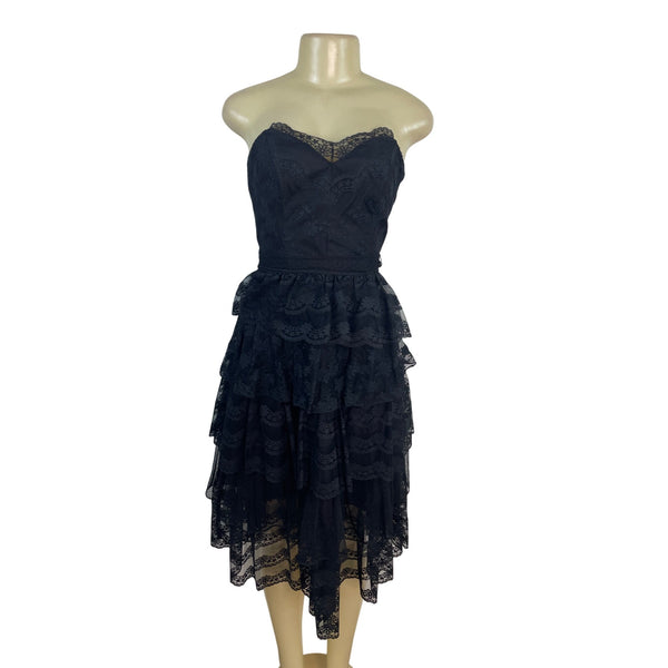 Vintage TD4 Strapless Black Lace Tiered Party Dress With Bow Back Detail Sz 7/8