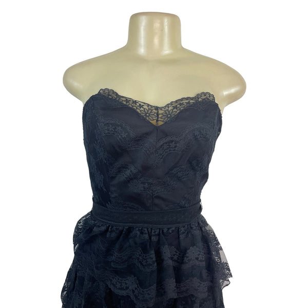 Vintage TD4 Strapless Black Lace Tiered Party Dress With Bow Back Detail Sz 7/8