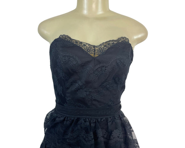Vintage TD4 Strapless Black Lace Tiered Party Dress With Bow Back Detail Sz 7/8
