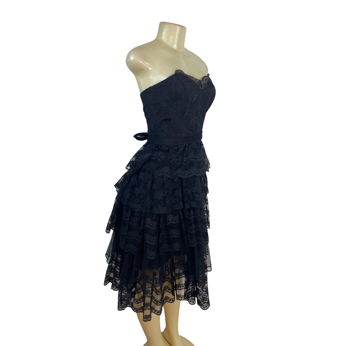 Vintage TD4 Strapless Black Lace Tiered Party Dress With Bow Back Detail Sz 7/8