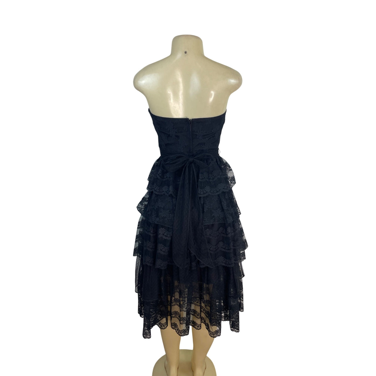 Vintage TD4 Strapless Black Lace Tiered Party Dress With Bow Back Detail Sz 7/8