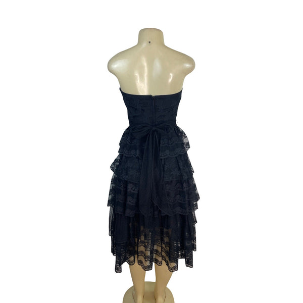 Vintage TD4 Strapless Black Lace Tiered Party Dress With Bow Back Detail Sz 7/8