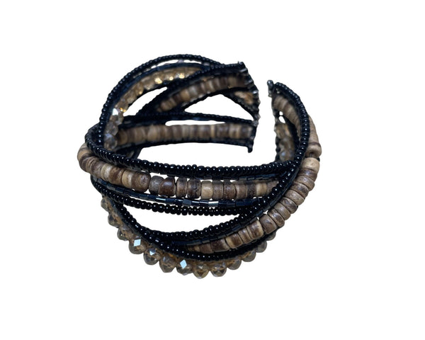 Beaded Mixed Material Cuff Bracelet Black & Brown Glass Wood Coil Multi-Strand Unique