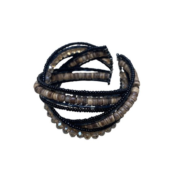 Beaded Mixed Material Cuff Bracelet Black & Brown Glass Wood Coil Multi-Strand Unique
