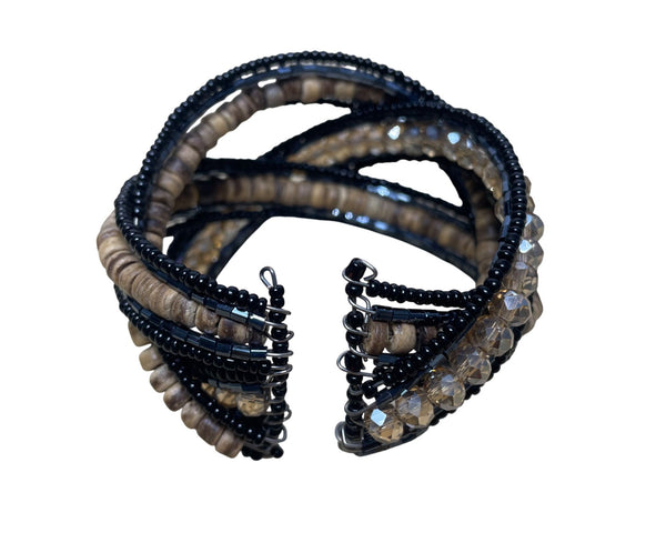 Beaded Mixed Material Cuff Bracelet Black & Brown Glass Wood Coil Multi-Strand Unique