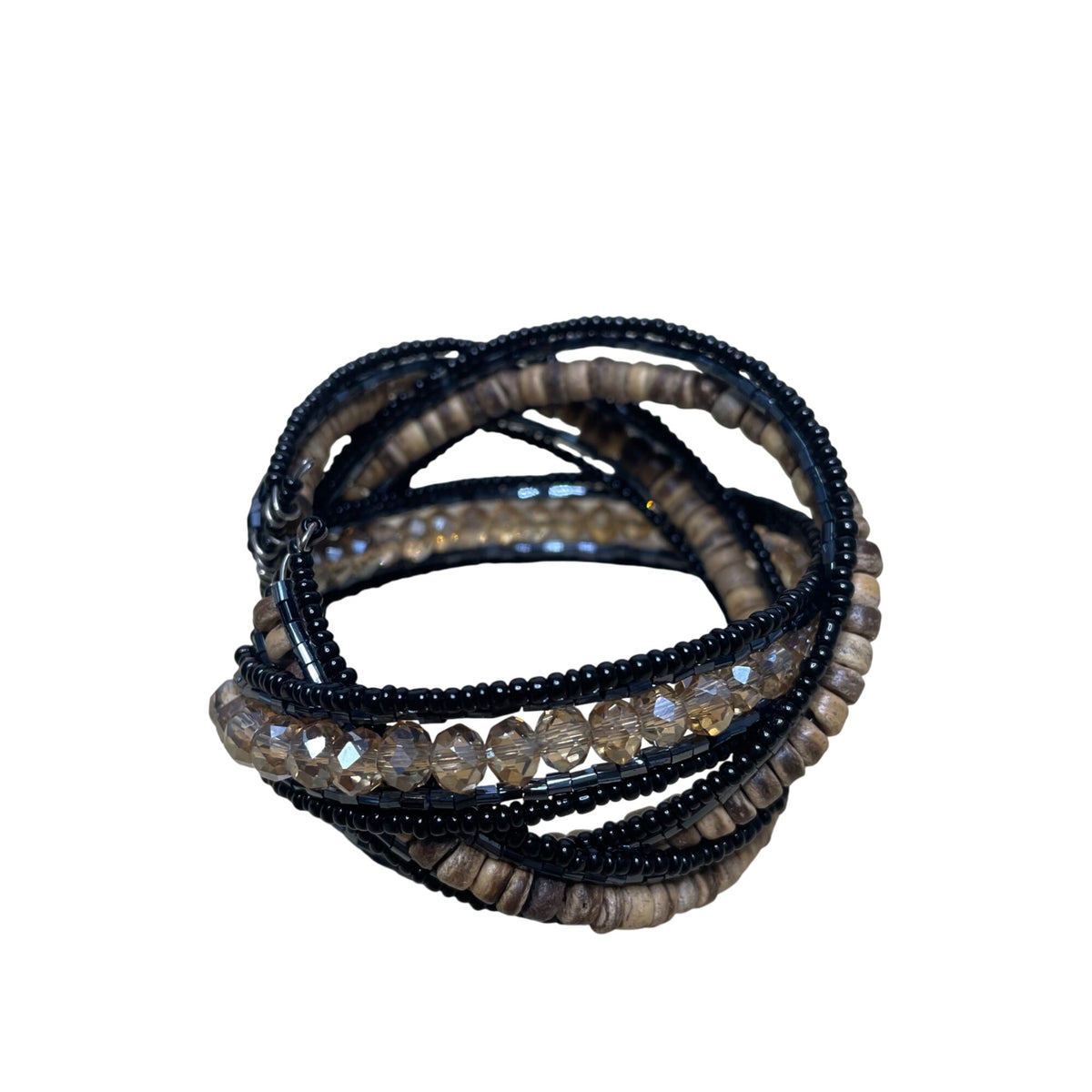 Beaded Mixed Material Cuff Bracelet Black & Brown Glass Wood Coil Multi-Strand Unique