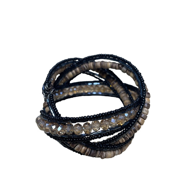 Beaded Mixed Material Cuff Bracelet Black & Brown Glass Wood Coil Multi-Strand Unique