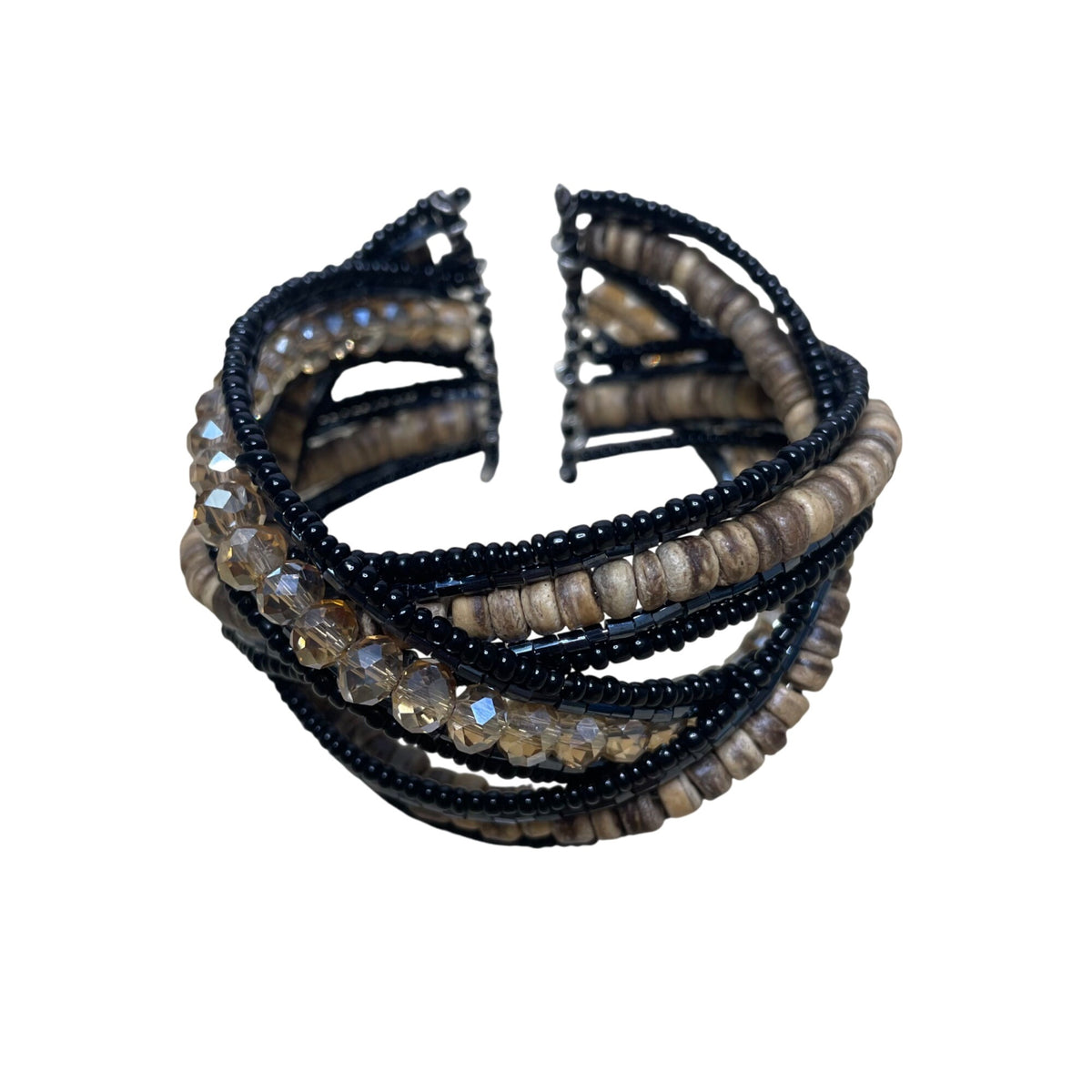 Beaded Mixed Material Cuff Bracelet Black & Brown Glass Wood Coil Multi-Strand Unique