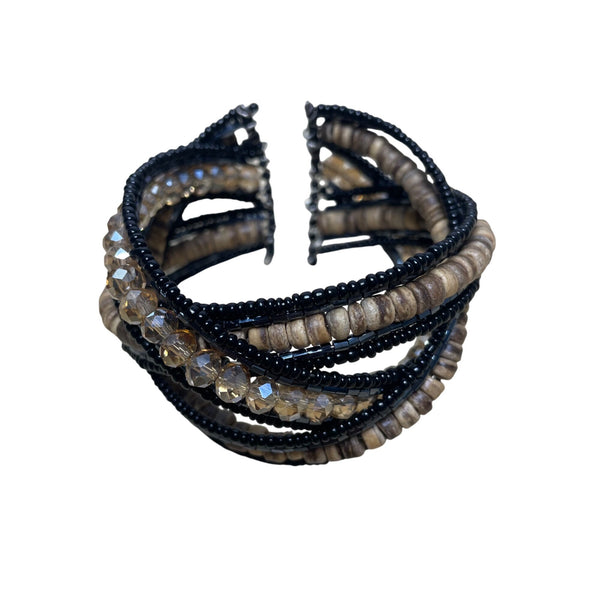 Beaded Mixed Material Cuff Bracelet Black & Brown Glass Wood Coil Multi-Strand Unique