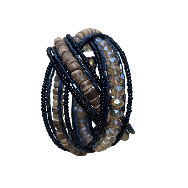 Beaded Mixed Material Cuff Bracelet Black & Brown Glass Wood Coil Multi-Strand Unique