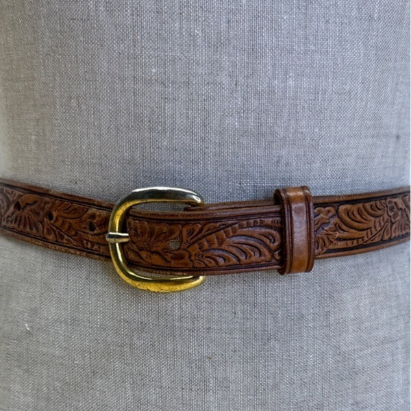 Cry Baby Ranch Embossed Leather Belt With Floral Design & Brass Buckle
