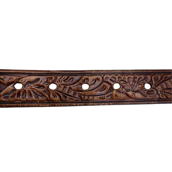 Cry Baby Ranch Embossed Leather Belt With Floral Design & Brass Buckle