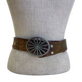 Vintage Embossed Brown Leather Belt With Wagon Wheel Metal Buckle Floral Design