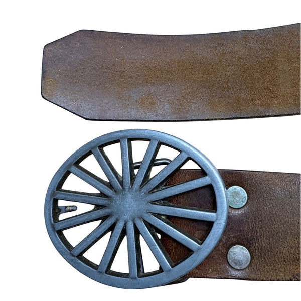 Vintage Embossed Brown Leather Belt With Wagon Wheel Metal Buckle Floral Design